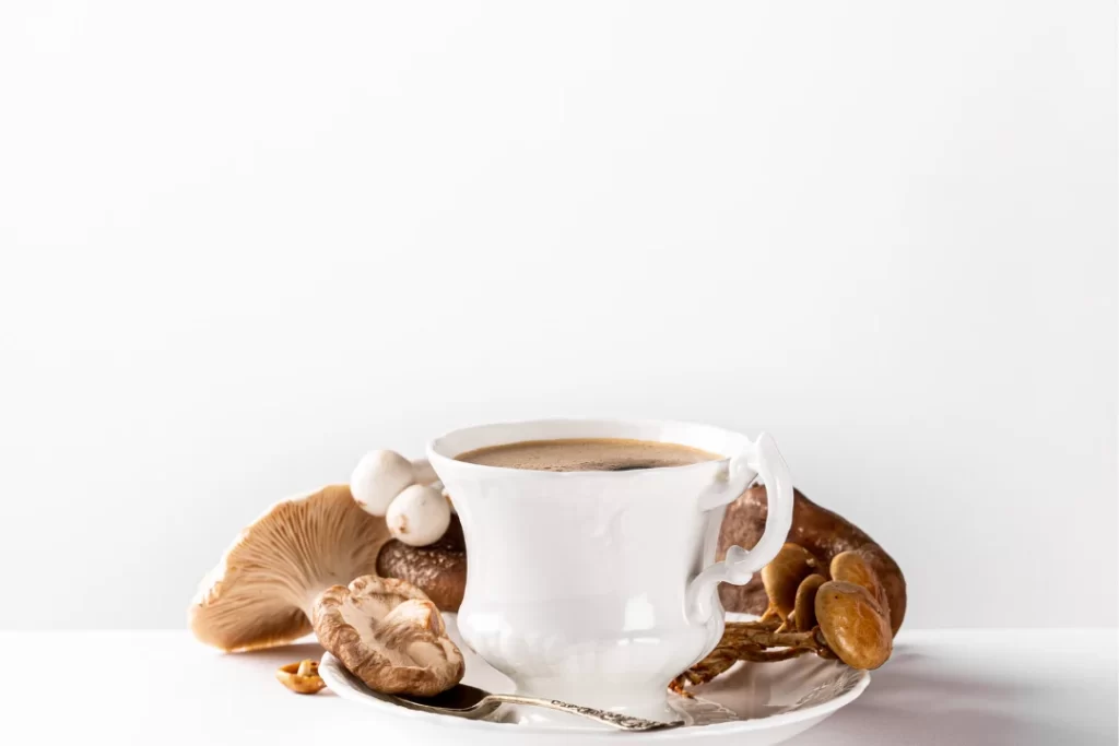 Mushroom Coffee in white porcelain cup and dish 