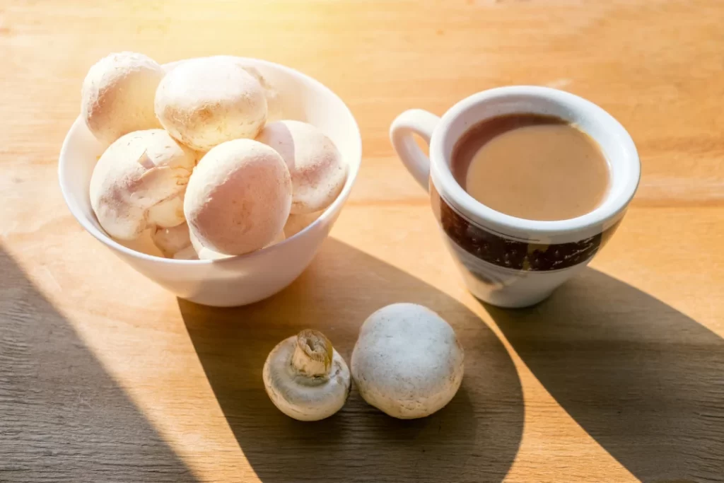 Mushroom Coffee Superfood Trend. Cup of Coffee and a White Bowl of Wi