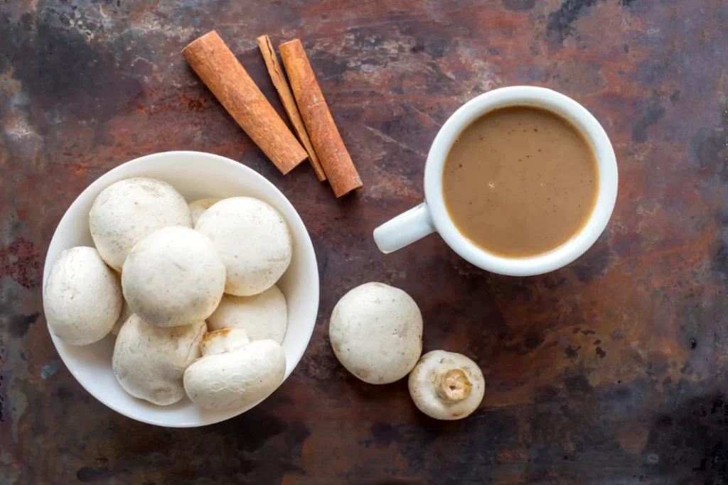 Mushroom Coffee Superfood Trend. Cup of Coffee and a White Bowl of Wi