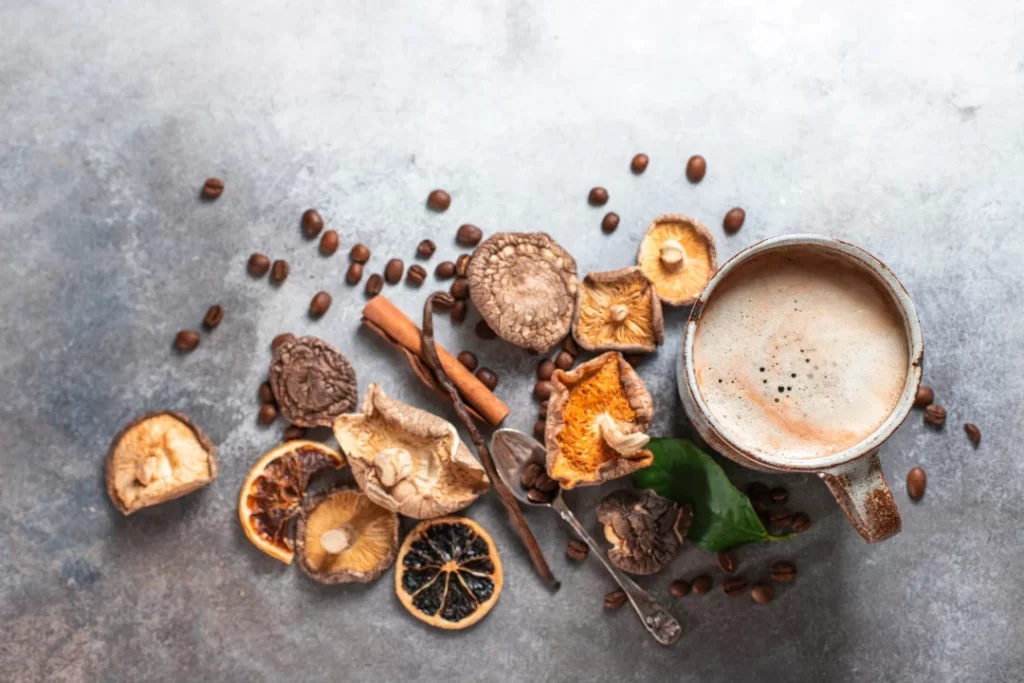 Mushroom coffee, a ceramic cup, mushrooms and coffee beans on stone concrete