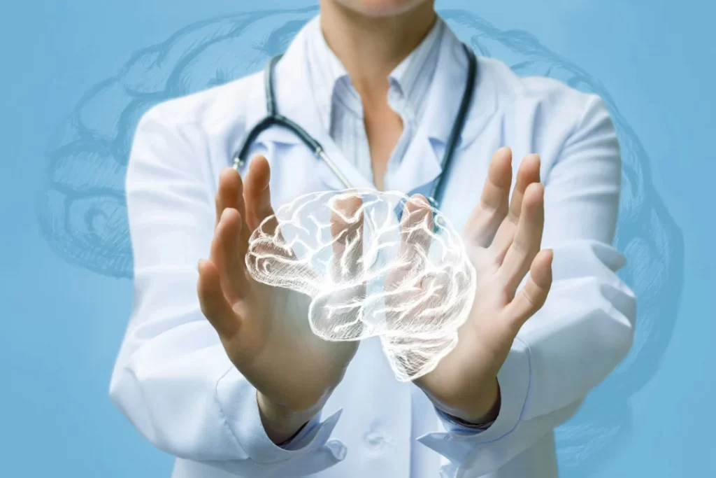 brain health or protection concept with brain image between the hands of a female doctor.