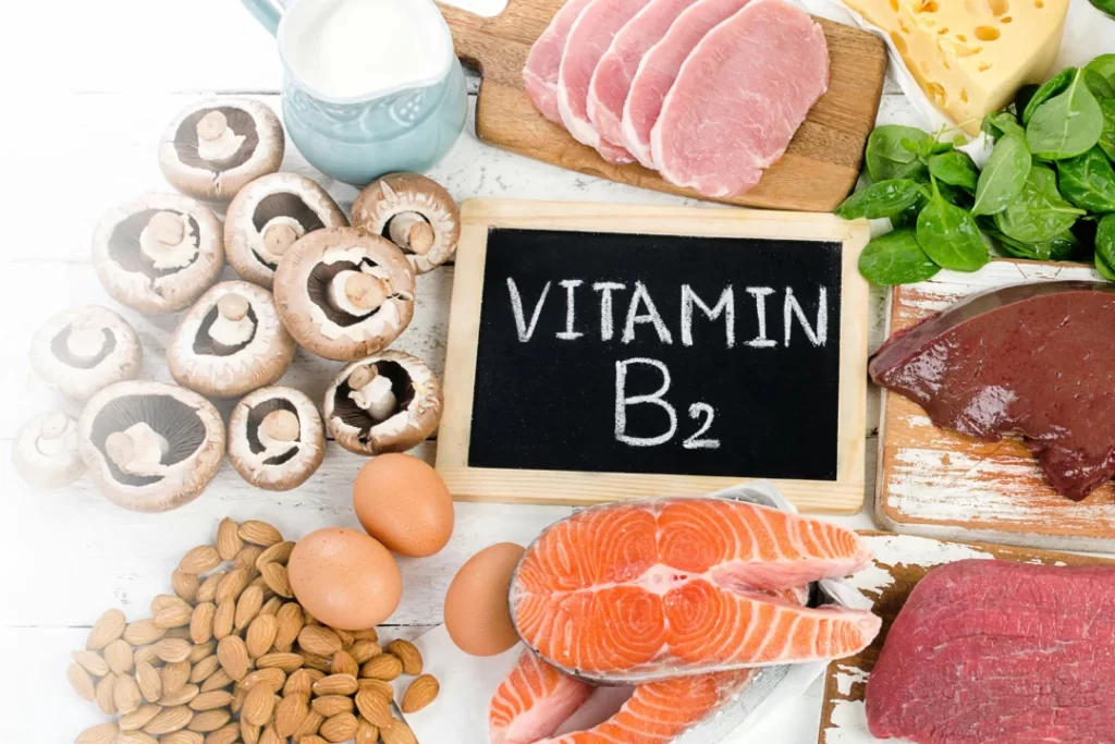 Mushrooms, almonds, eggs, liver, salmon, milk, cheese and beef are rich sources of vitamin B (B2, B3 and B6)