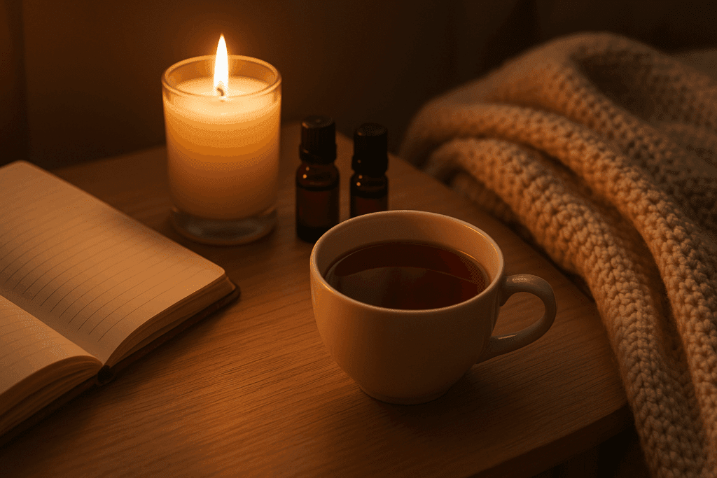 Cup of red tea from mushroom tea brands on a bedside table with a journal, candle, essential oils, and cozy blanket during a nighttime self-care ritual