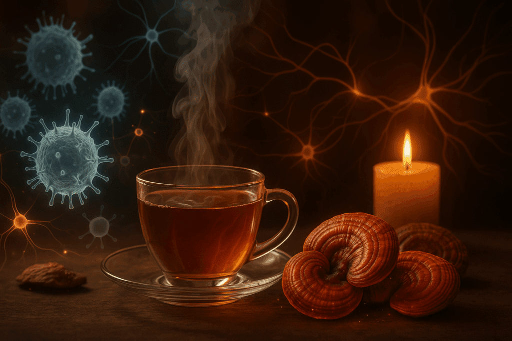 Steaming cup of red reishi tea beside glowing mushrooms and neural graphics, symbolizing health benefits of top mushroom tea brands