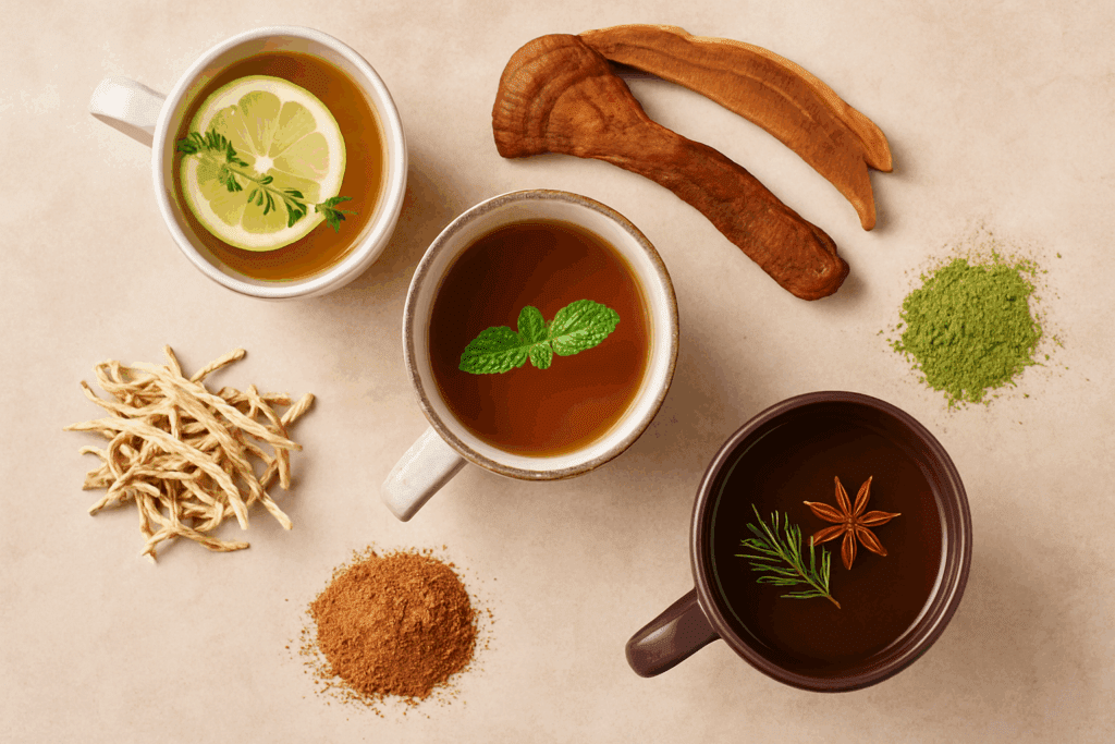 Flat-lay of three herbal tea mugs with adaptogenic ingredients like reishi and matcha, representing top mushroom tea brands.