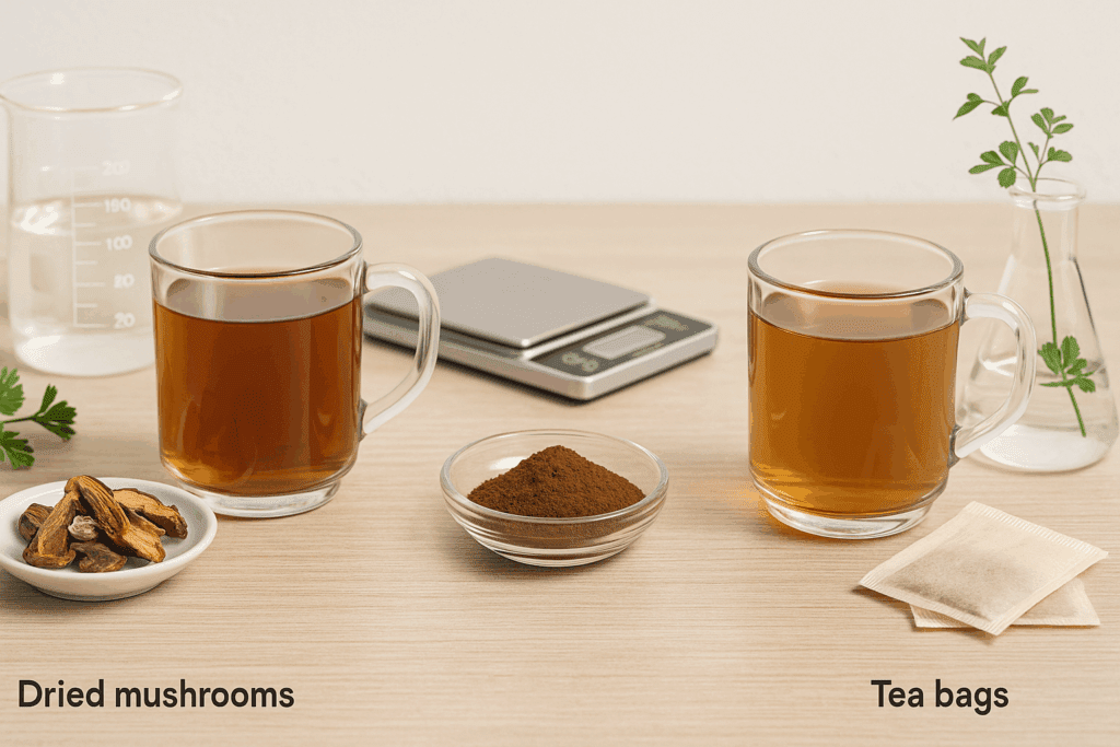 Three mushroom tea brands compared by format: dried mushrooms, powder, and tea bags, with lab tools suggesting quality testing.