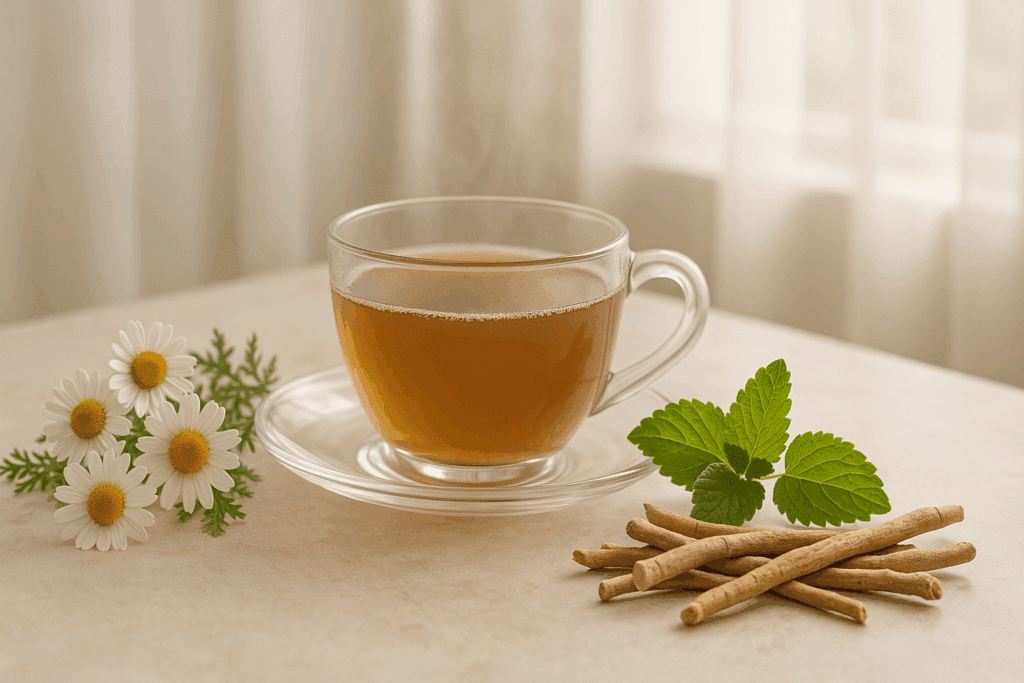 Cup of mushroom tea with chamomile, lemon balm, and ashwagandha near a sunlit window, showcasing calming ingredients used by top mushroom tea brands.