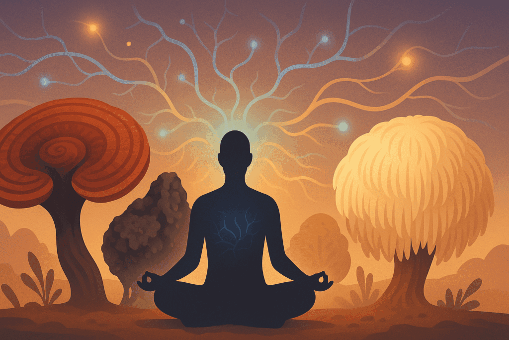 Silhouette meditating before reishi, chaga, and lion’s mane mushrooms with glowing neural waves, symbolizing benefits linked to mushroom tea brands