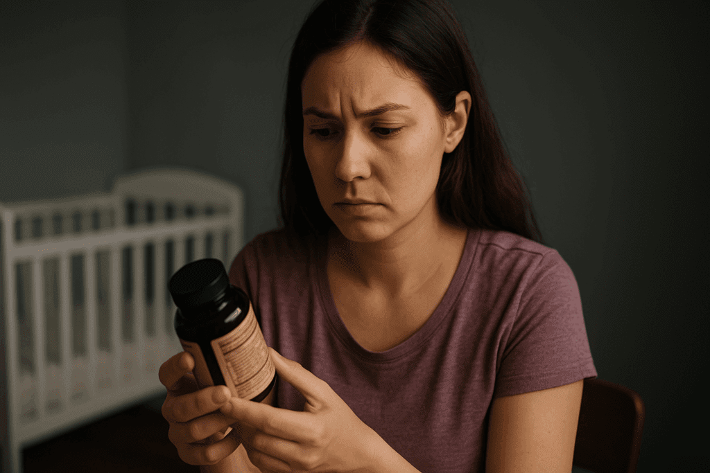 Concerned mother reading supplement label in a nursery, evaluating reishi mushroom while breastfeeding