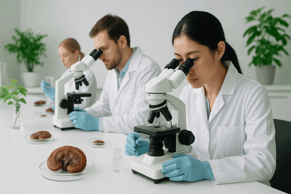 Scientists examining reishi mushroom samples in a lab setting to study their effects, supporting research on reishi mushroom while breastfeeding.