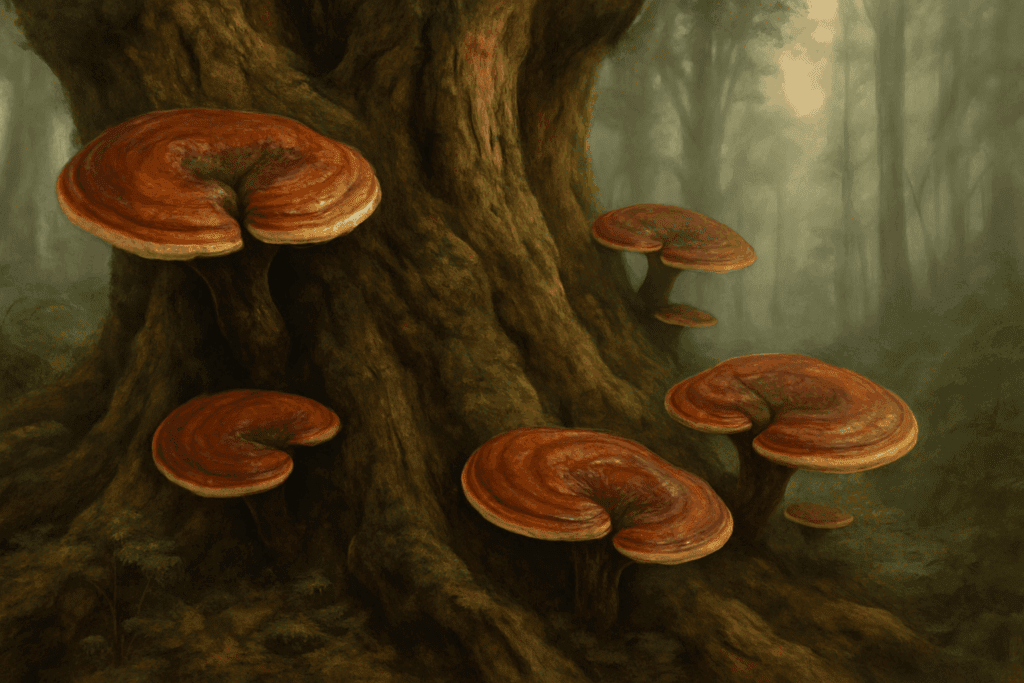 Reishi mushrooms growing on an ancient tree in a misty forest, symbolizing traditional uses of reishi mushroom while breastfeeding.