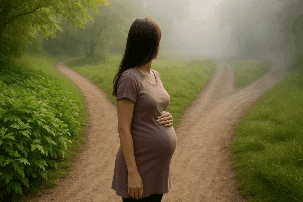Pregnant woman standing at a forest crossroads, symbolizing decision-making about reishi mushroom during pregnancy