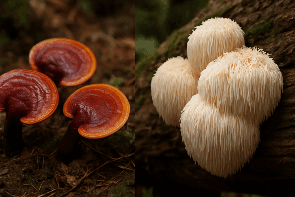 Reishi mushroom during pregnancy shown growing in a forest beside lion’s mane mushrooms on a mossy log, highlighting their natural textures