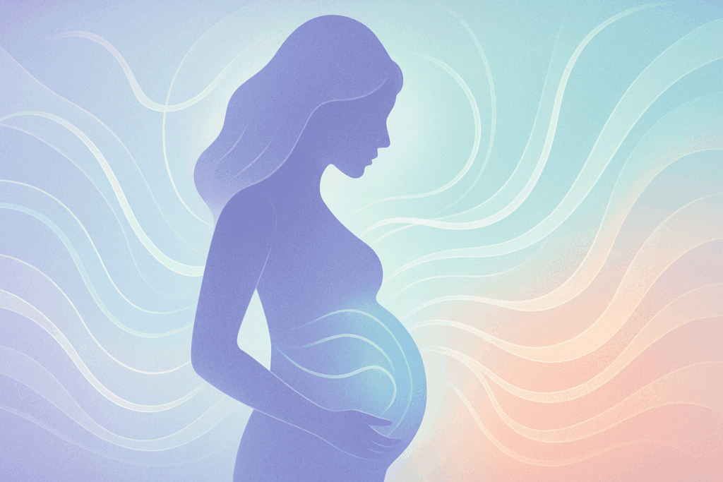 Silhouette of a pregnant woman surrounded by flowing pastel energy lines symbolizing hormonal balance supported by reishi mushroom during pregnancy