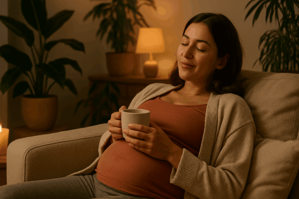 Calm pregnant woman relaxing with herbal tea on a cozy couch, promoting emotional wellness linked to reishi mushroom during pregnancy
