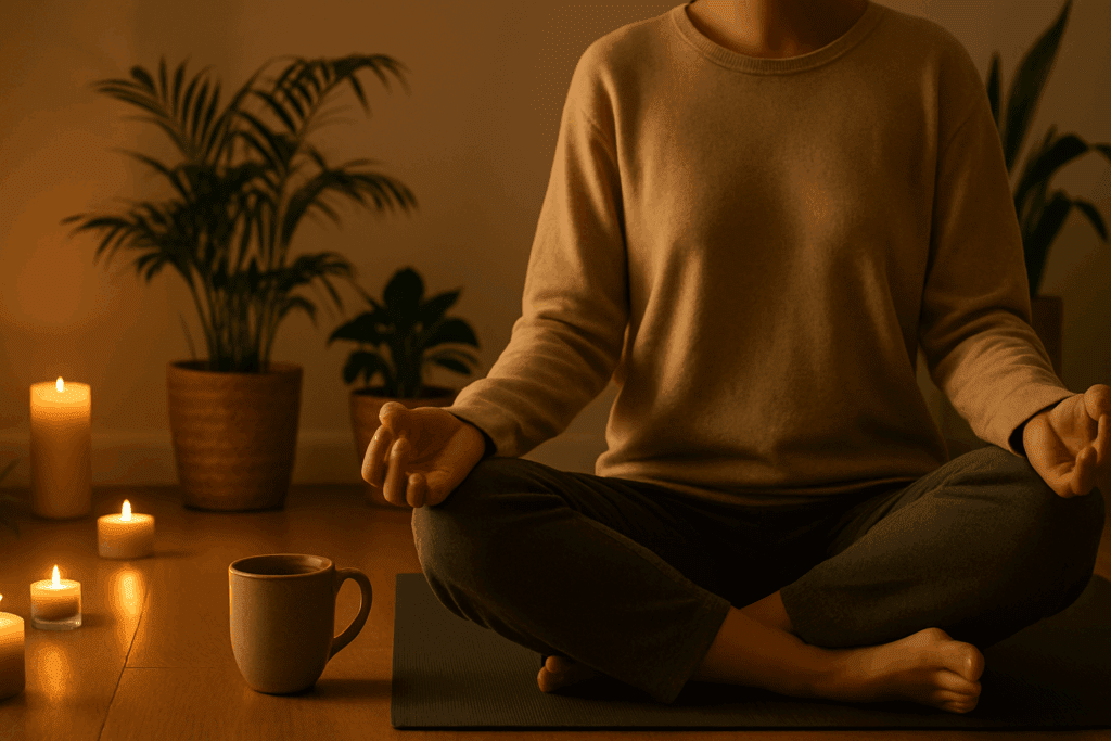 Person meditating in a candlelit room with a mug of tea, practicing evening mindfulness with reishi mushroom for anxiety.