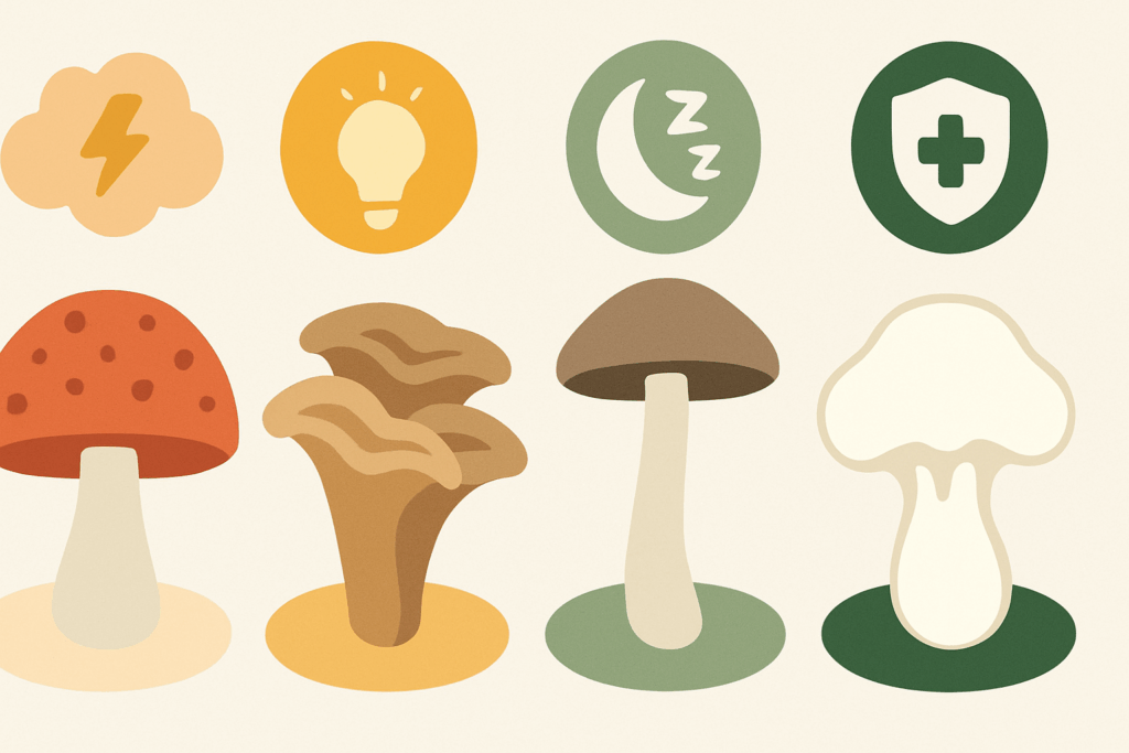 Infographic comparing adaptogenic mushrooms with icons for stress relief, energy boost, and reishi mushroom for anxiety