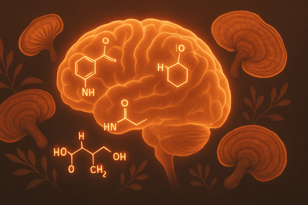 Glowing human brain overlaid with serotonin and GABA symbols, surrounded by reishi mushrooms, illustrating reishi mushroom for anxiety.