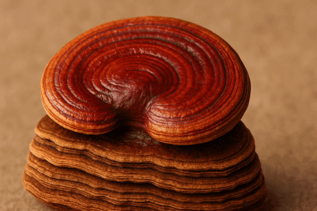 Close-up of a reishi mushroom’s reddish-brown cap and layered structure, illustrating its natural texture and medicinal appeal as reishi mushroom for anxiety.