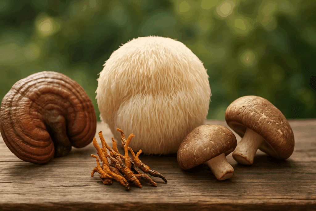 Reishi mushroom for anxiety alongside lion's mane, cordyceps, and shiitake on a rustic wood table with a calming forest backdrop