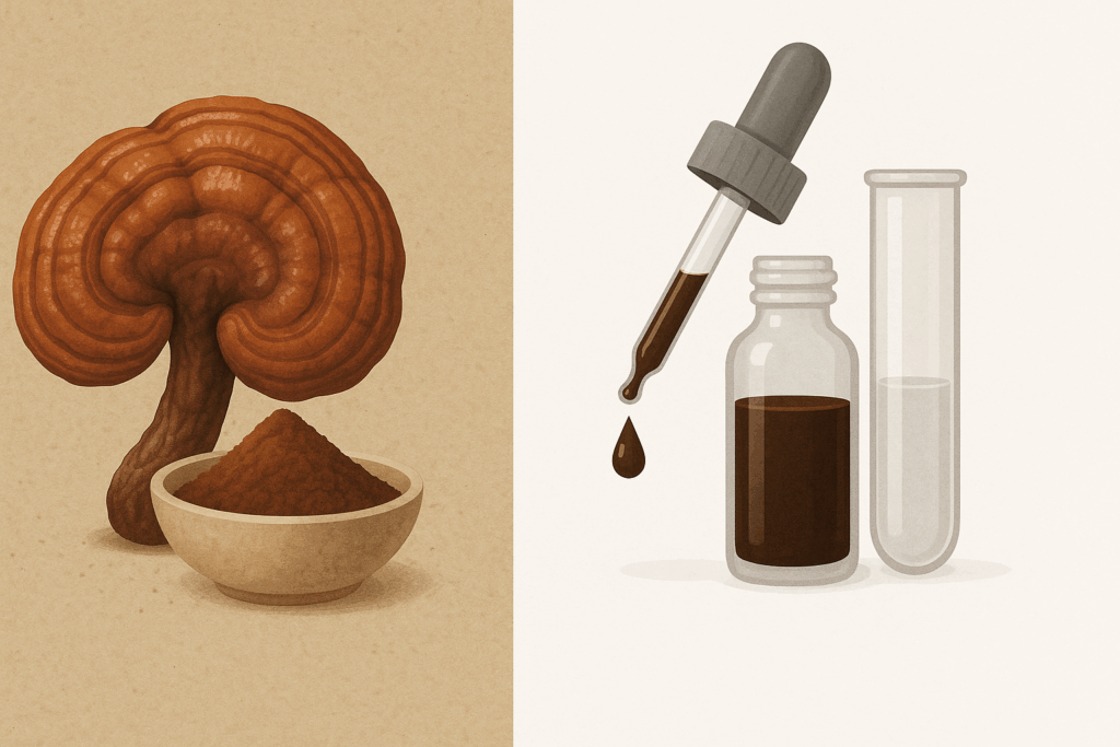 Visual comparison showing how to eat reishi mushroom, with one side featuring powdered reishi and the other side showing liquid extract in dropper bottles.