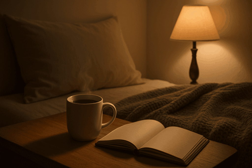 Cup of reishi tea, open journal, and cozy bed with lamp in a peaceful bedroom setting illustrating how to eat reishi mushroom.