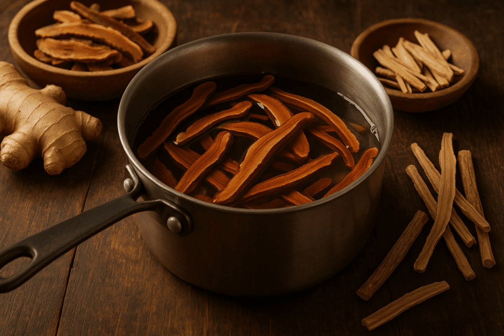 Simmering pot of sliced reishi mushrooms with ginger and licorice root on a rustic table, illustrating how to eat reishi mushroom for stress relief.