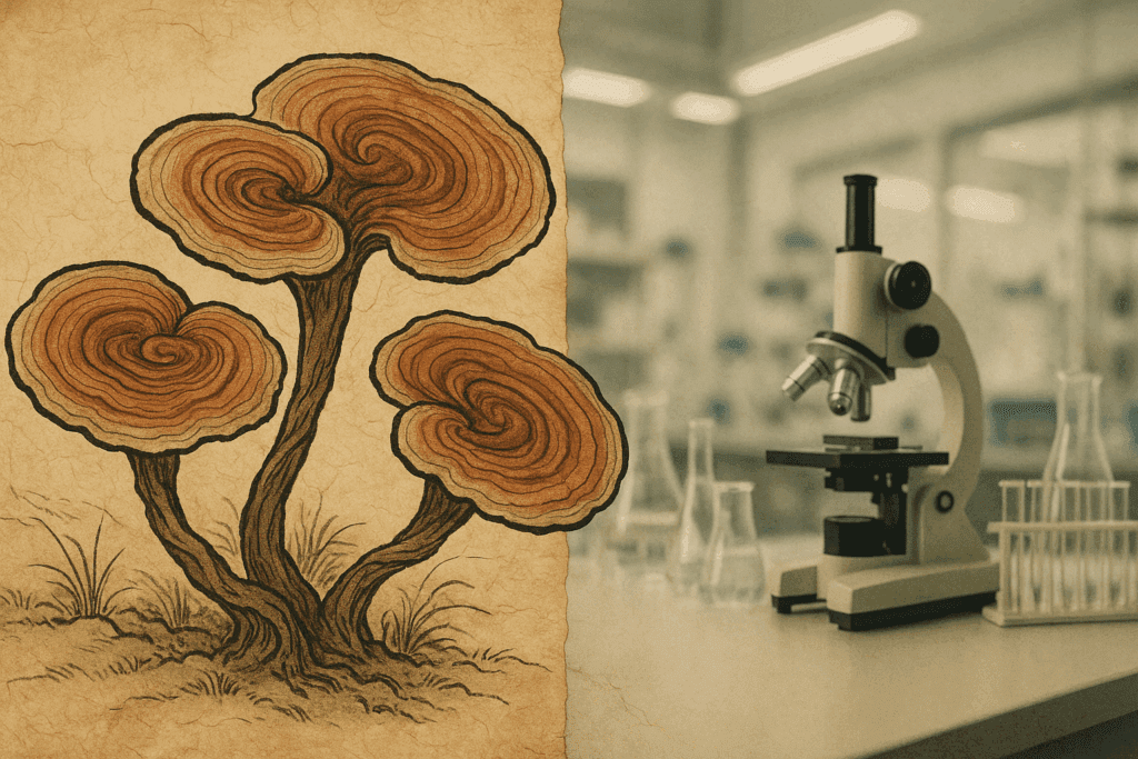 Ancient Chinese scroll showing reishi mushrooms with a modern laboratory blurred in the background, symbolizing how to eat reishi mushroom across history and science