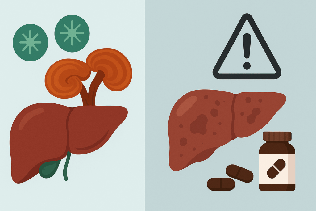 Infographic illustrating how to use reishi mushroom powder for liver health, showing benefits on the left and toxicity risks on the right.