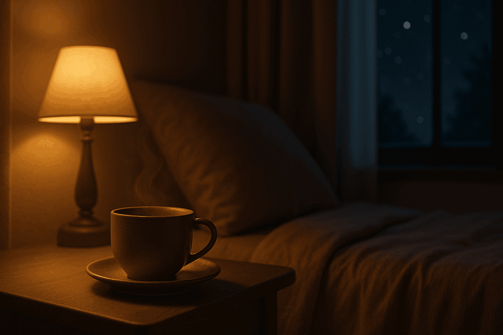 Cup of reishi mushroom tea on a bedside table with soft lighting and a starry night window, illustrating how to use reishi mushroom powder for sleep support