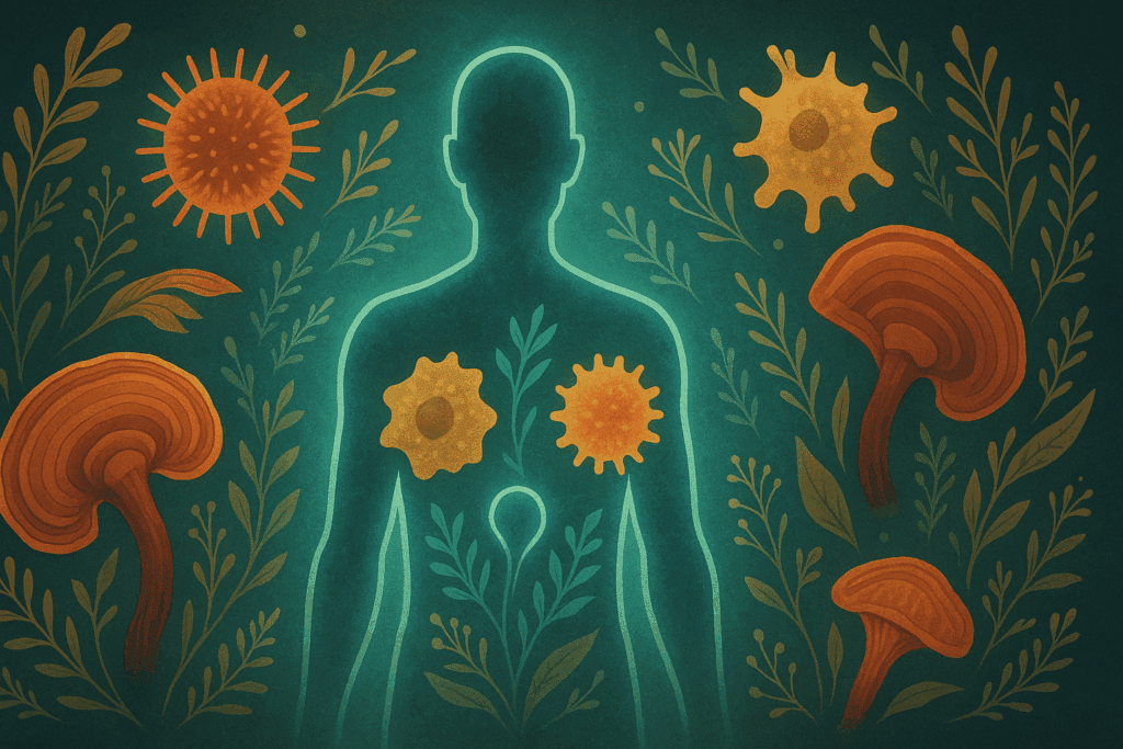 Artistic depiction of how to use reishi mushroom powder to support immune health, showing glowing natural killer cells and botanical elements around a human silhouette.