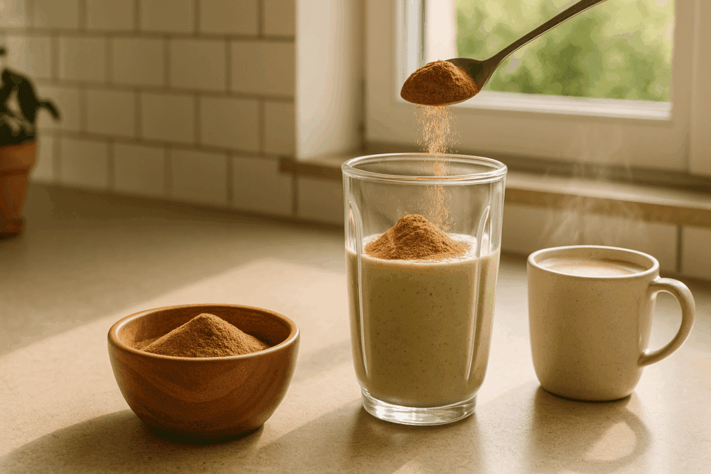 Cozy kitchen counter showing how to use reishi mushroom powder by sprinkling it into a smoothie, with a steaming plant-based latte nearby.