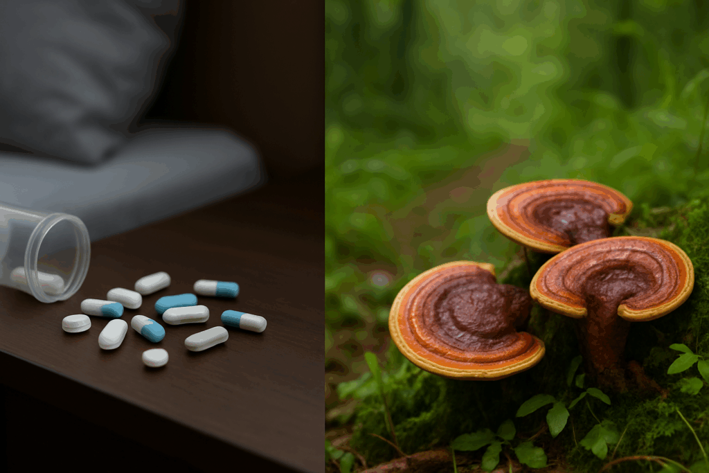 Pharmaceutical sleeping pills on a nightstand contrasted with reishi mushrooms growing in nature, symbolizing differences in reishi mushroom dosage for sleep versus synthetic aids