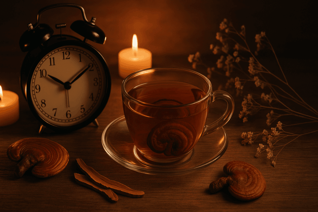 Herbal tea with reishi mushroom at 9 p.m. in a calming evening setup, illustrating ideal reishi mushroom dosage for sleep.