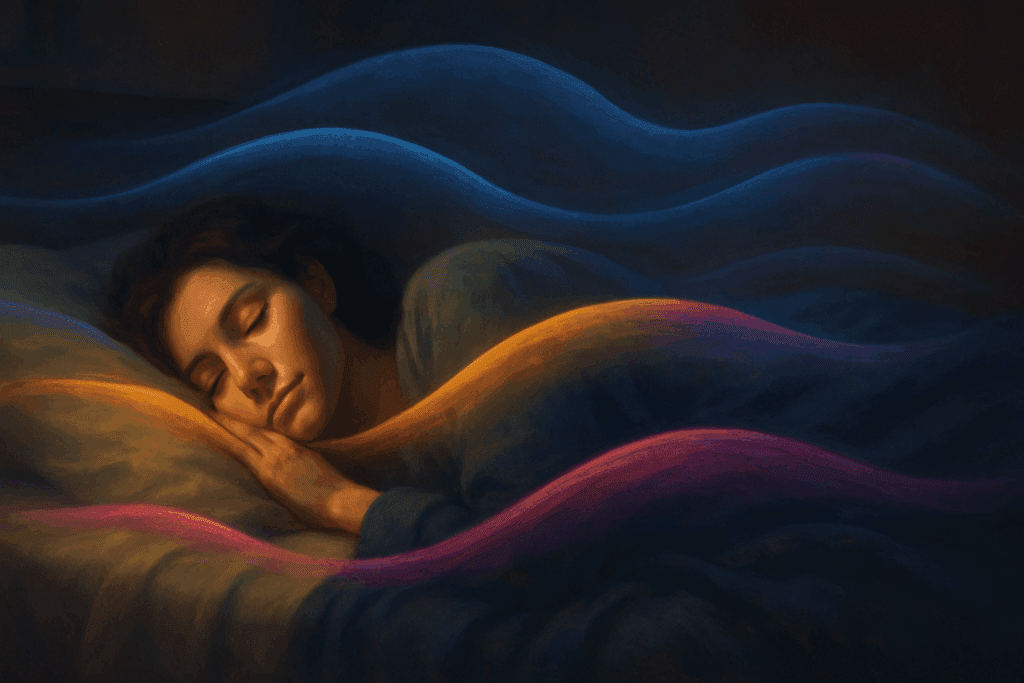 Person peacefully sleeping surrounded by soft, colorful waves symbolizing sleep stages, illustrating effects of reishi mushroom dosage for sleep