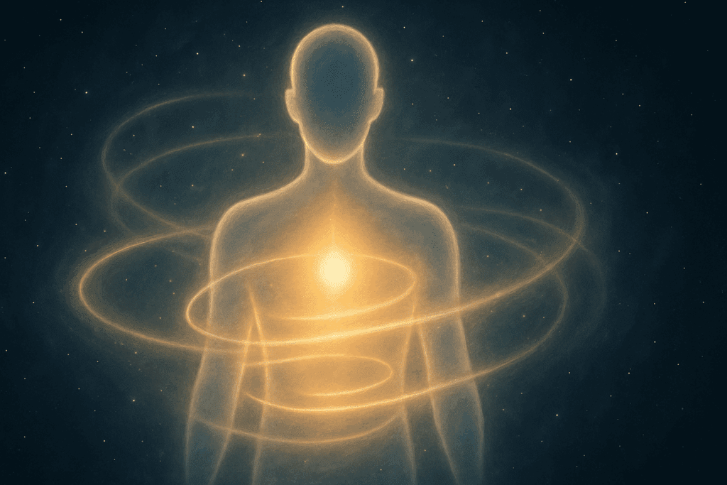 Conceptual art of human stress response with glowing silhouette and swirling cortisol light, symbolizing reishi mushroom dosage for sleep benefits