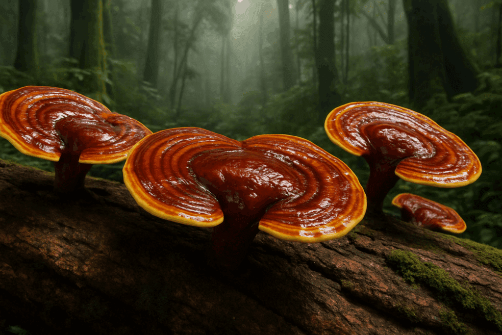 Glossy reishi mushrooms growing on a mossy log in a misty forest, illustrating natural sources for reishi mushroom dosage for sleep.