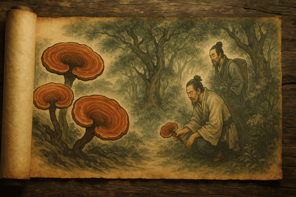 Ancient Chinese scroll painting of herbalists harvesting reishi mushrooms in a forest, symbolizing the roots of organic reishi powder.