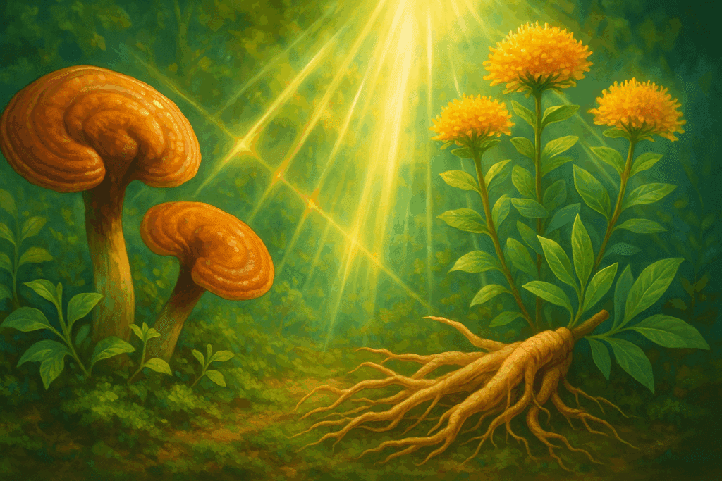 Vibrant forest scene featuring reishi mushrooms, ashwagandha roots, and rhodiola flowers illuminated by golden sunlight, symbolizing the natural energy of organic reishi powder.