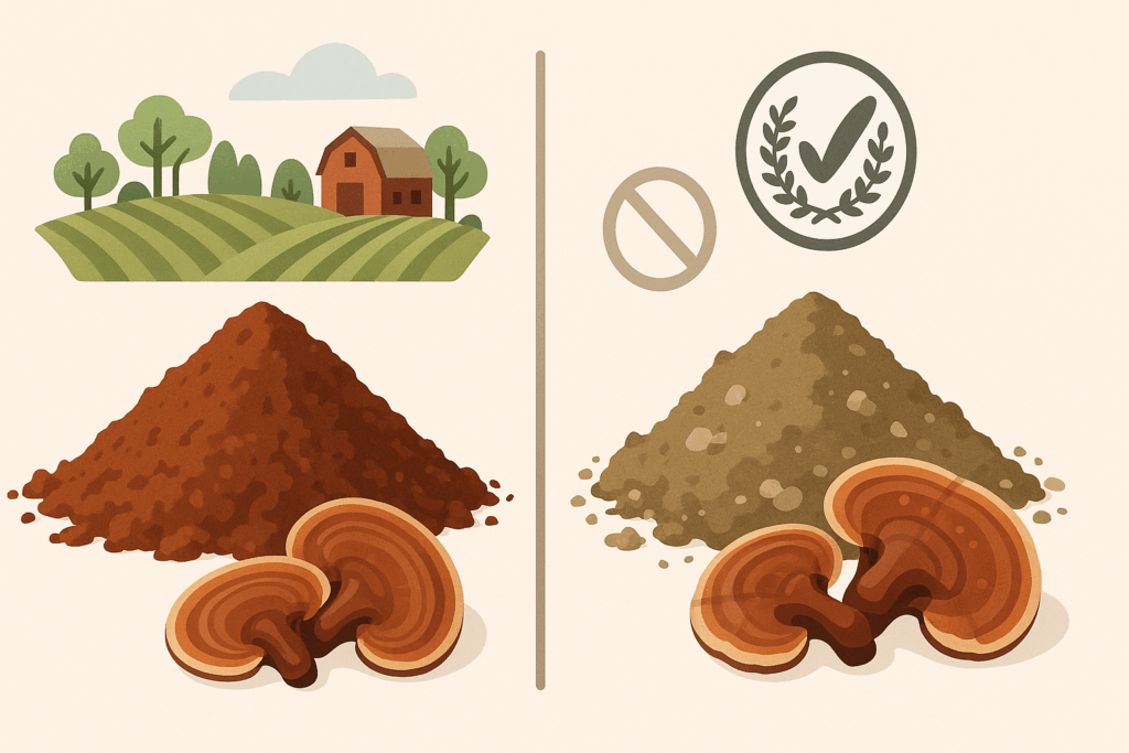 Side-by-side comparison of high-quality organic reishi powder and low-grade powder with visual cues of purity, farming, and certification