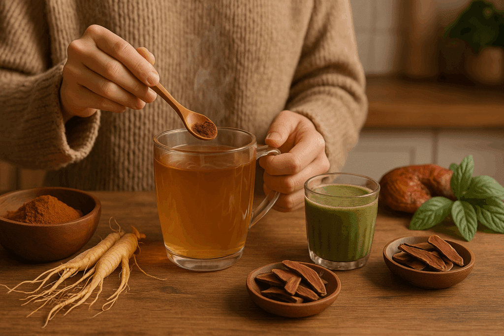 Person mixing organic reishi powder into a steaming cup of herbal tea beside fresh ginseng, smoothie, and reishi slices in a cozy kitchen