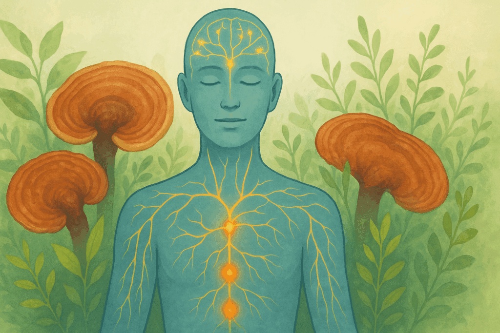 Peaceful meditating figure with glowing neural pathways surrounded by organic reishi powder mushrooms and green foliage, symbolizing stress relief.