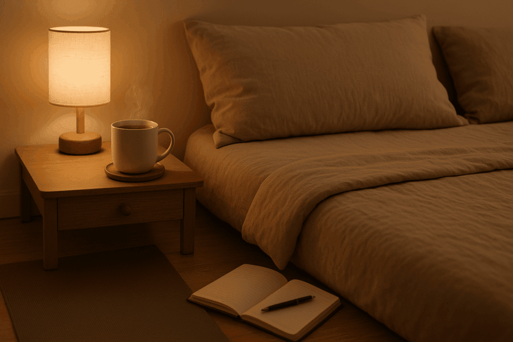 Cozy bedroom with warm lighting, a steaming cup of reishi tea, yoga mat, and journal arranged to support reishi and anxiety bedtime rituals
