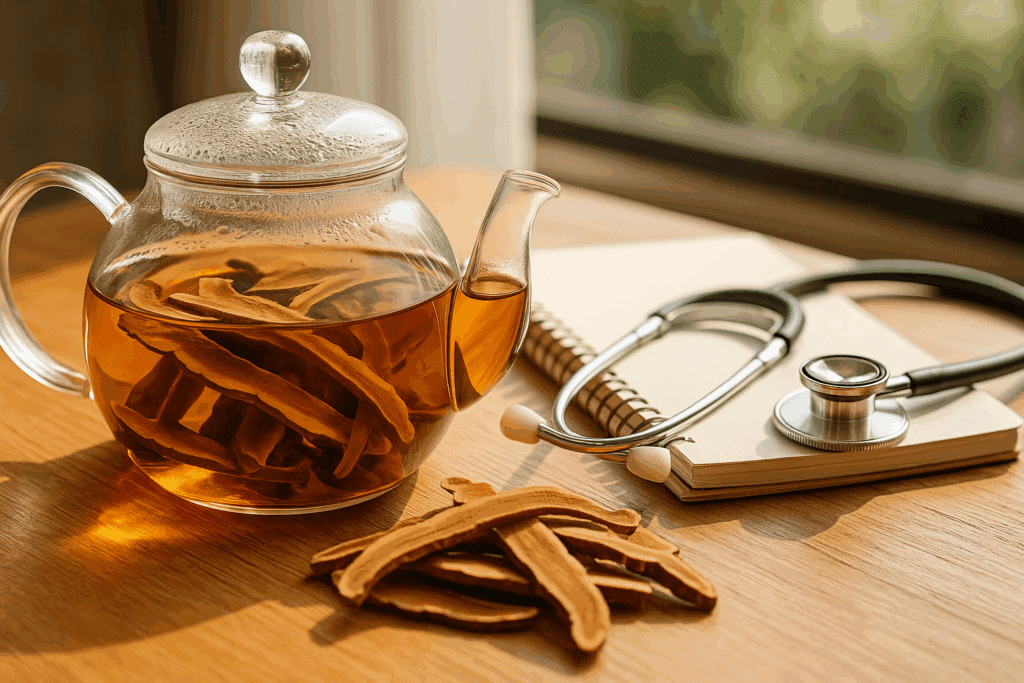 Glass teapot steeping dried reishi mushroom slices on a wooden table with a stethoscope and notebook, symbolizing reishi and anxiety support.