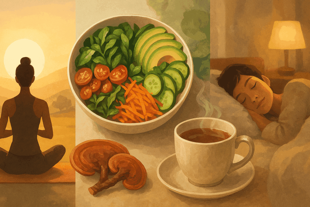 Wellness collage illustrating reishi mushroom benefits with yoga at sunrise, leafy green salad, steaming reishi tea, and restful sleep.