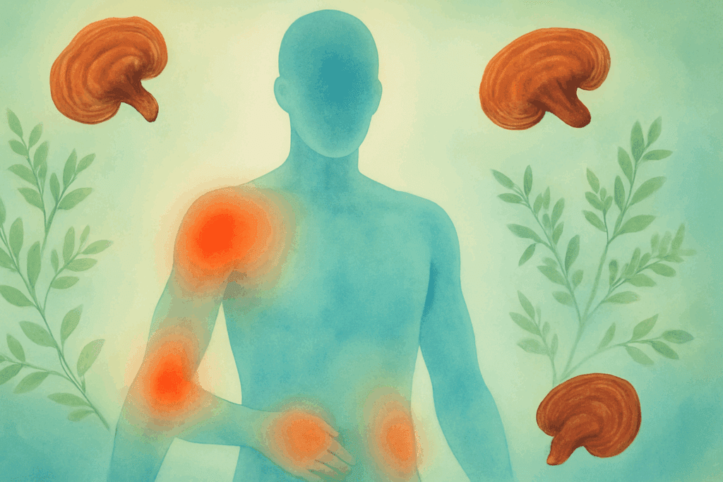 Transparent human body with red inflammation zones easing into cool blue-green tones, surrounded by herbs and floating reishi mushrooms illustrating reishi mushroom benefits