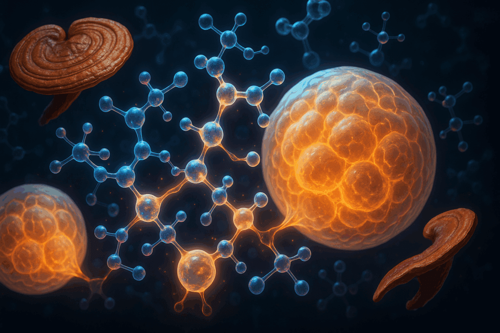 Scientific concept art showing reishi mushroom benefits at a molecular level, with bioactive compounds interacting with fat cells.