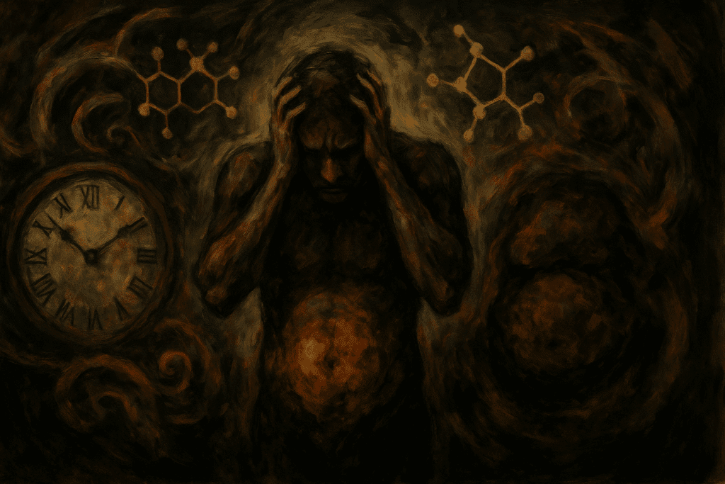 Distressed figure surrounded by swirling clocks, cortisol molecules, and belly fat, symbolizing stress and reishi mushroom benefits.