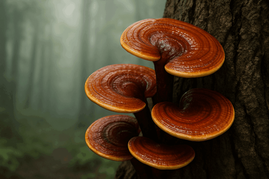 Shiny red-brown reishi mushrooms growing on an old tree in a misty forest, symbolizing ancient healing and reishi mushroom benefits