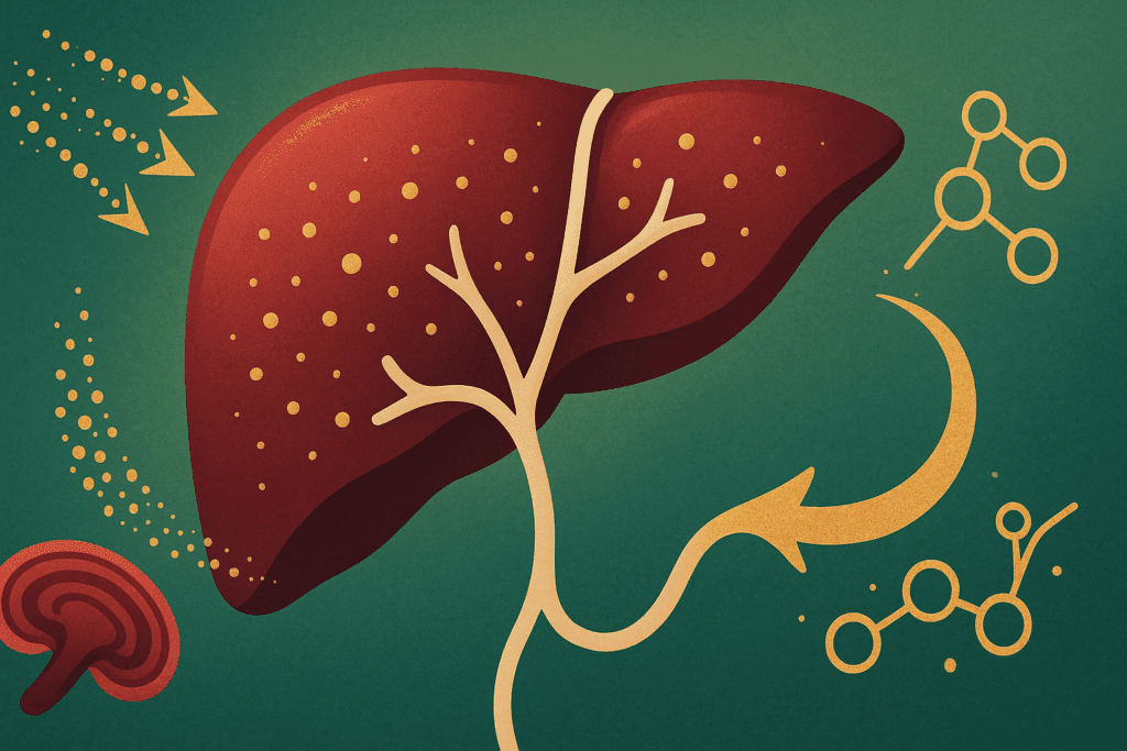 Conceptual liver detox illustration with golden particles and reishi mushroom for fatty liver support
